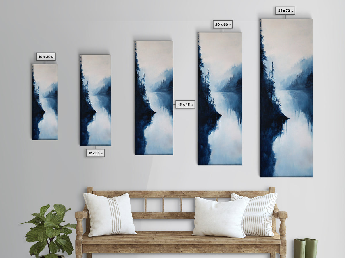 Misty Lake, pine tree art, moody art, mountain painting, wabi sabi art, blue and green wall art, Framed Canvas Print, rustic wall art