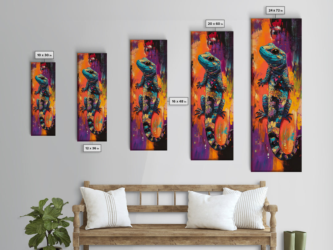 Colorful Lizard, whimsical art, chicano art, boho art, blotter art, psychedelic painting, extra wide art, Framed Canvas Print