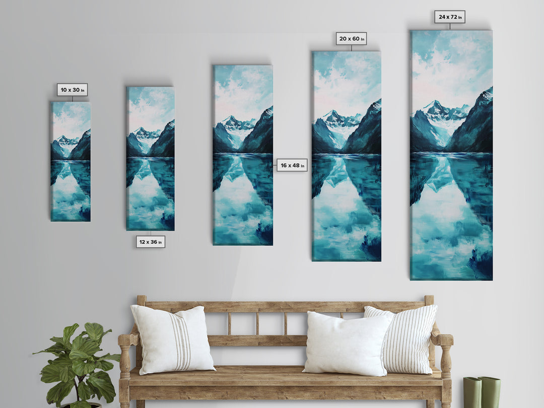Glacier Lake, mountain painting, blue and green wall art, smoky mountain art, minimalist art, vertical wall art, Canvas Print