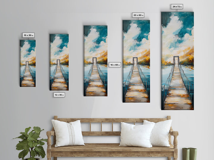 Bridge Over Water, rustic decor, wabi sabi art, boho art, tall skinny art, extra wide art, Framed Canvas Print, farmhouse art