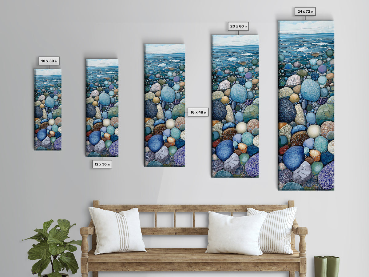 Pebble Beach, mosaic wall art, coastal decor, nautical painting, blue and green wall art, extra wide art, Canvas Print, above sofa art