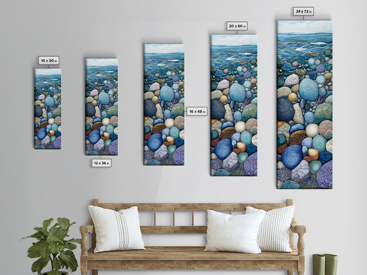 Pebble Beach, mosaic wall art, coastal decor, nautical painting, blue and green wall art, extra wide art, Canvas Print, above sofa art