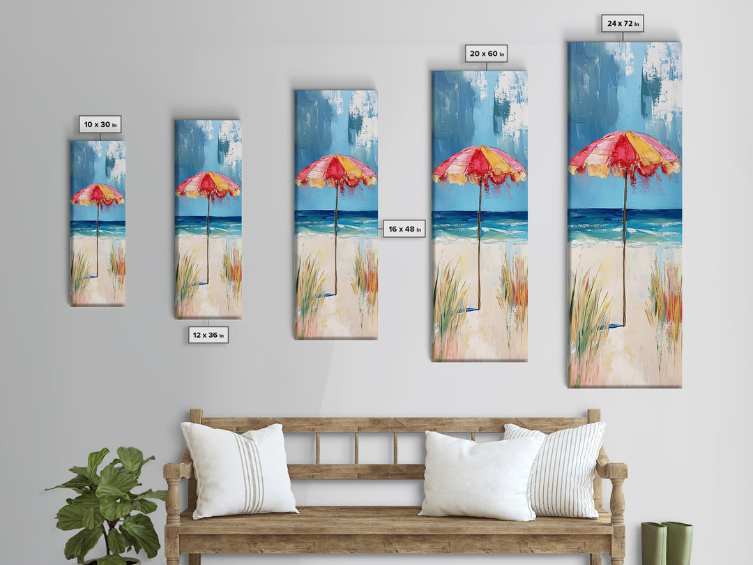 Beach Umbrella, Ocean Breeze, Coastal Decor, Surf Wall Art, Nautical Painting, Coastal Wall Art, Framed Canvas Print, Tall Skinny Art