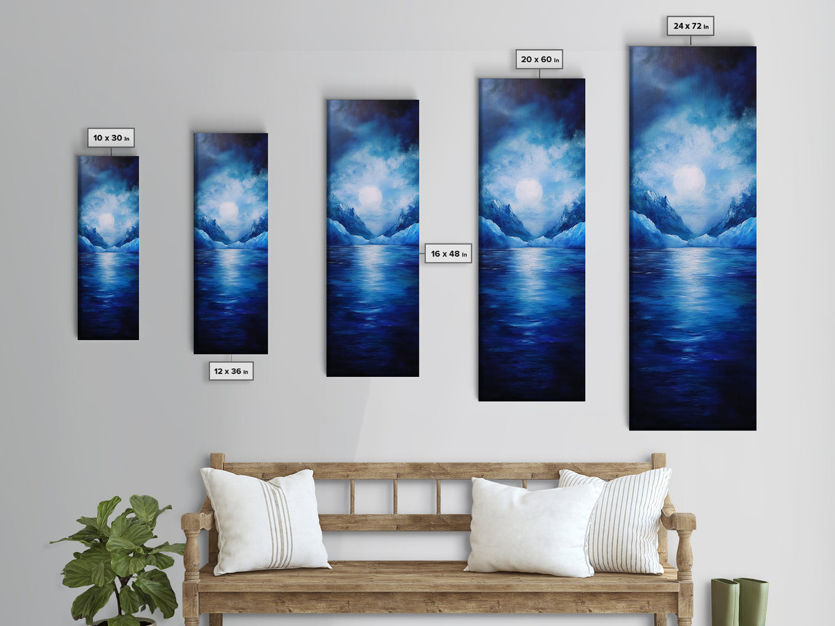 Moonlit Lake, Mountain Painting, Moody Art, Coastal Landscape, Nautical Wall Art, Christmas, Framed Canvas Print