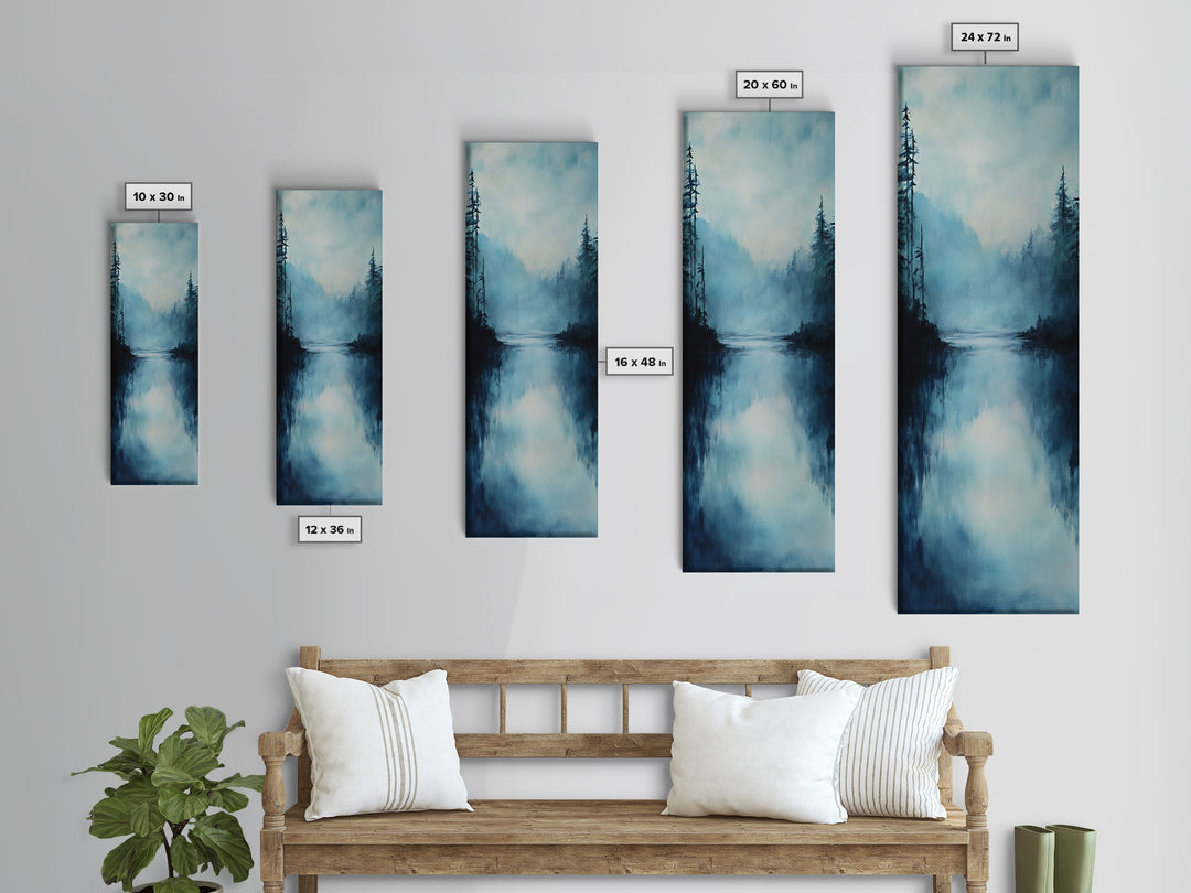 Misty Lake, Moody Landscape, Pine Tree Art, Foggy Forest Painting, Smoky Mountain Art, Christmas, Framed Canvas Print