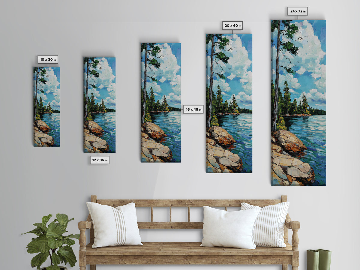 Rocky Shore, Pine Tree Art, Coastal Landscape, Nautical Painting, Blue and Green Wall Art, Framed Canvas Print,
