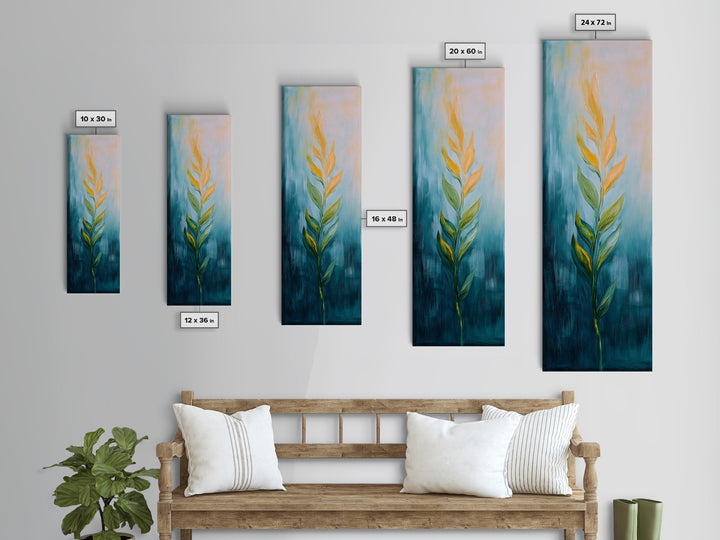 Botanical, teal and gold, minimalist art, wabi sabi art, vertical wall art, framed canvas print, modern decor, bedroom art