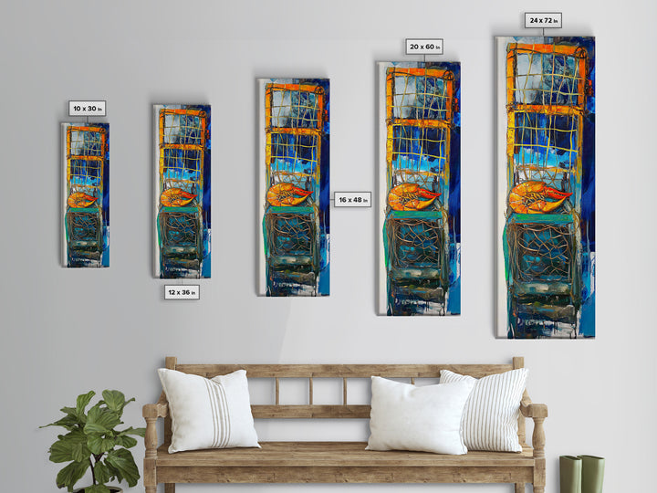 Crayfish painting, nautical wall art, rustic art, kitchen decor, fisherman painting, blue and orange, framed canvas print, gift idea