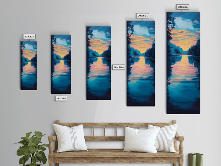 Sunset reflection, lake painting, landscape art, smoky mountain art, wabi sabi art, vertical wall art, framed canvas print, moody art