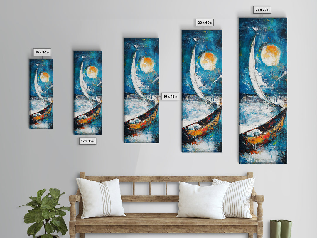 Sailboat, Moonlit Ocean, Nautical Wall Art, Coastal Landscape Art, Seascape Painting, Framed Canvas Print, Above Couch Art
