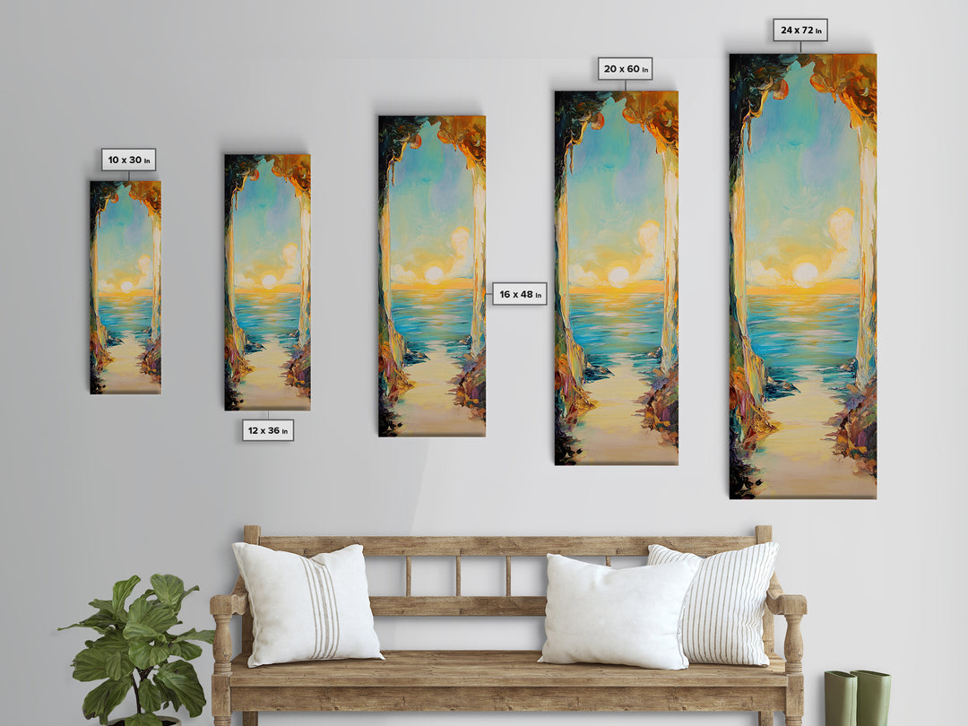 Sunset Cove, coastal painting, ocean view, seascape painting, nautical decor, coastal wall art, Framed Canvas Print