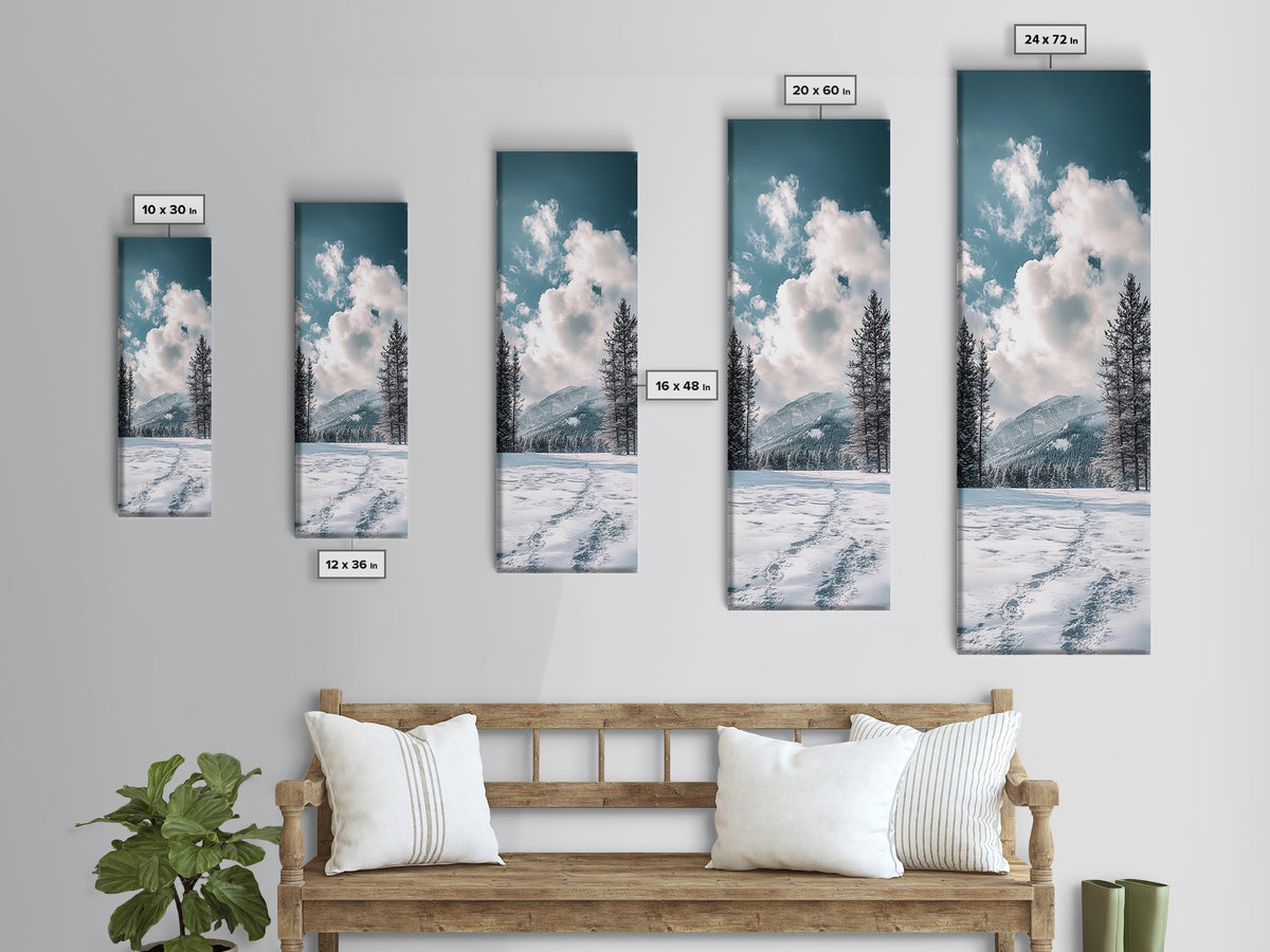 Winter Path, pine tree art, mountain painting, snowy landscape, rustic decor, minimalist art, Framed Canvas Print, vertical wall art