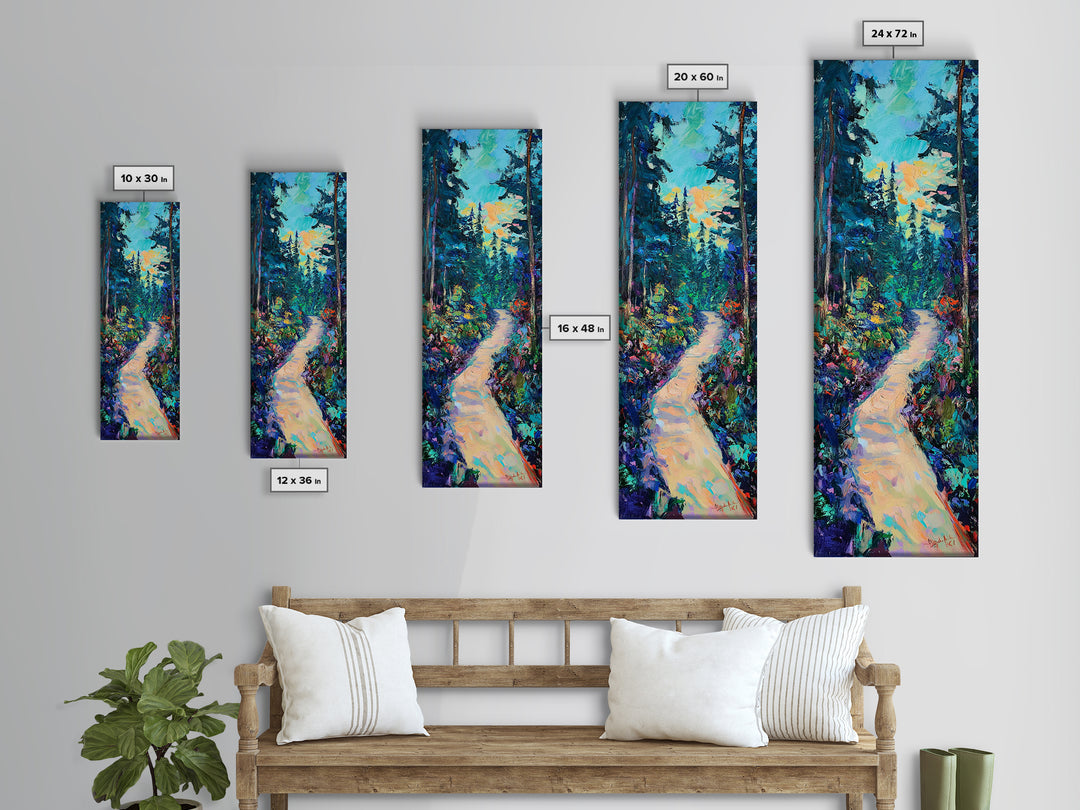 Abstract Forest Path, moody art, landscape painting, wildflower painting, pine tree art, framed canvas print, vertical wall art
