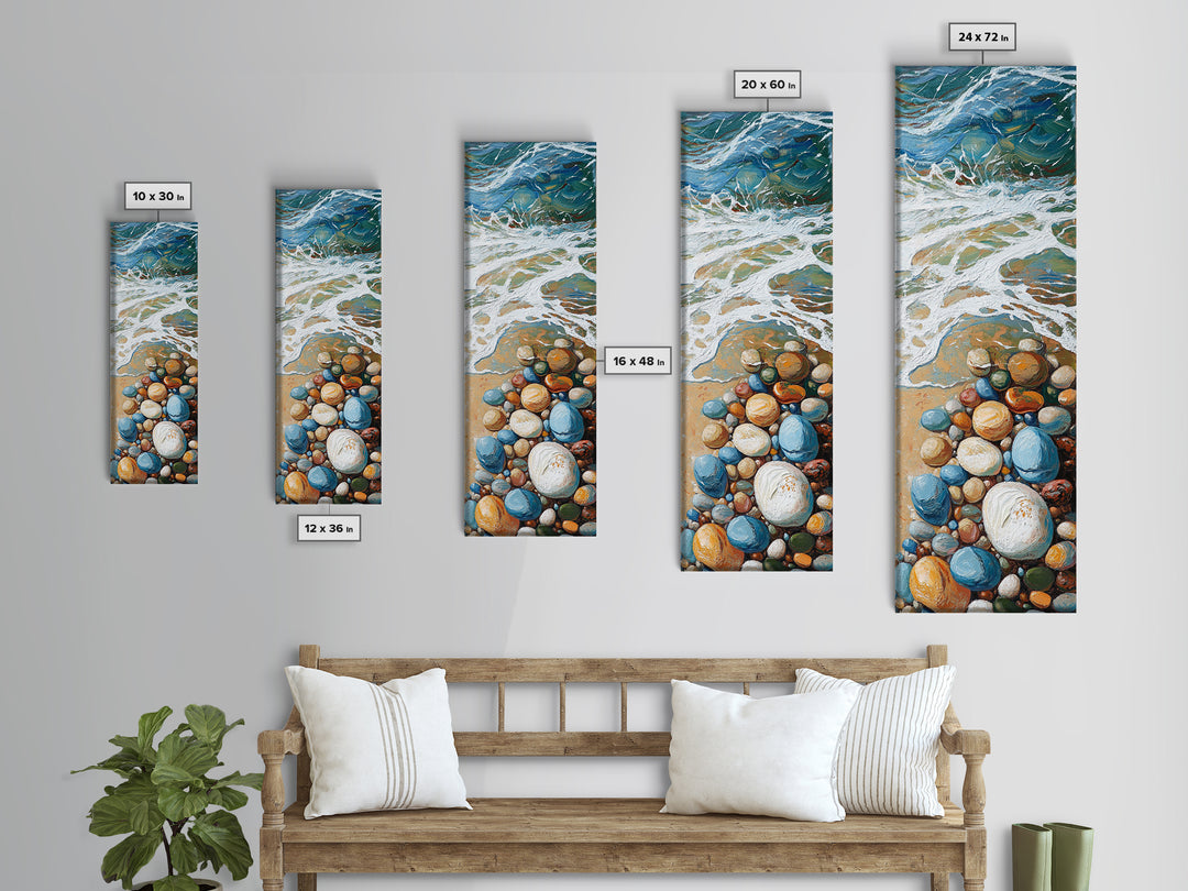Pebble Beach Art, coastal painting, framed canvas print, beach house decor, nautical wall art, blue and green wall art