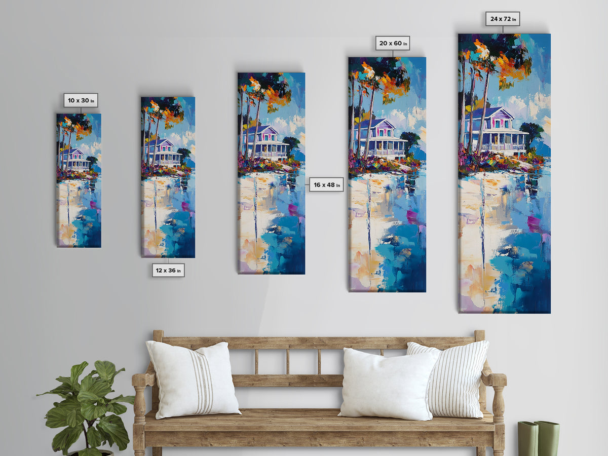 Beach House, Coastal Painting, Vibrant Landscape, Nautical Wall Art, Living Room Art, Above Bed Wall Art, Framed Canvas Print