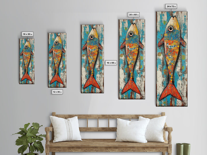 Koi fish painting, colorful fish art, nautical decor, rustic art, coastal cowgirl wall art, tall narrow art, canvas print