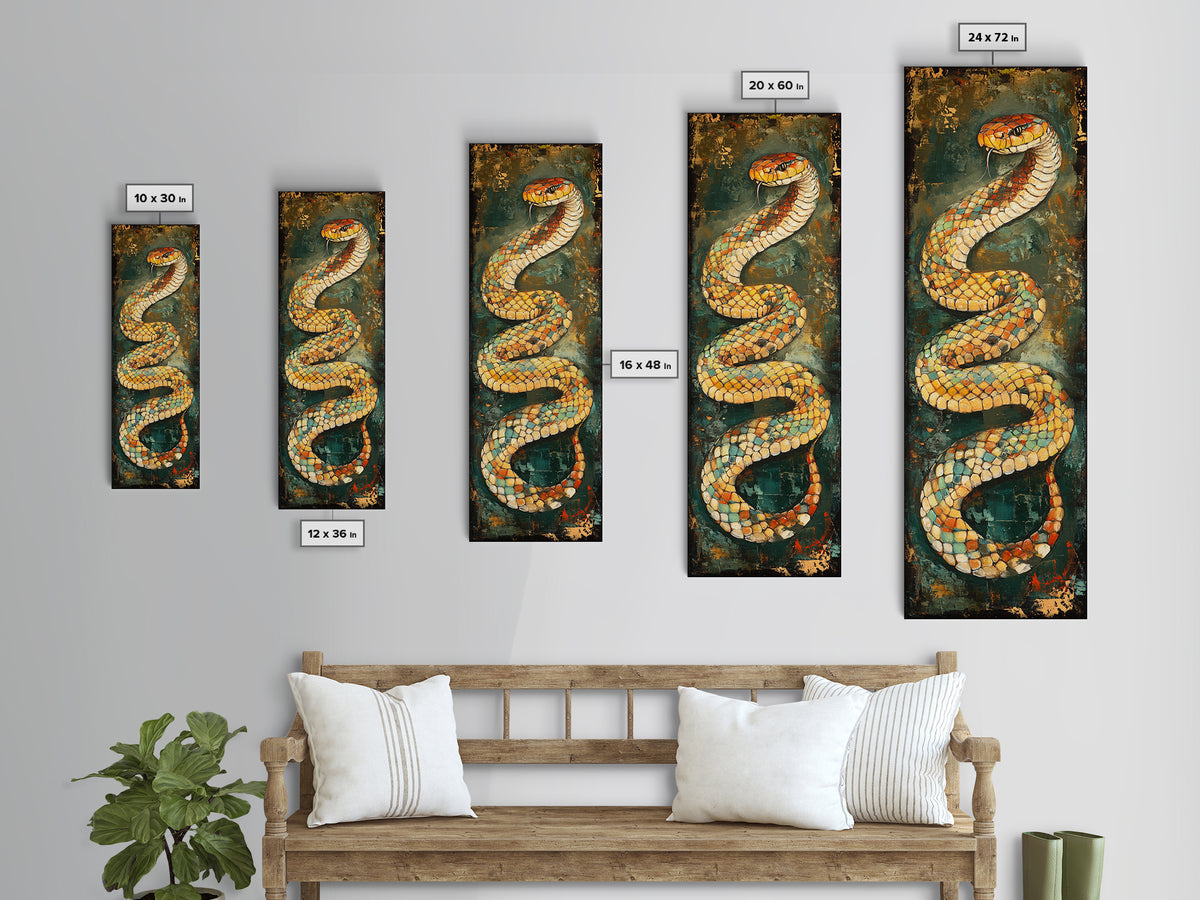 Coiled Snake, Wildlife Painting, Moody Art, Rustic Decor, Extra Wide Art, Above Sofa Art, Living Room Art, Framed Canvas Print