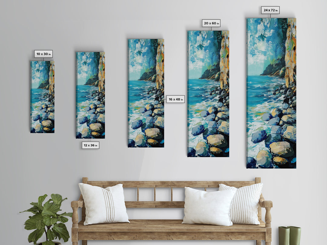 Rocky Shoreline, coastal landscape art, nautical decor, framed canvas print, lake Tahoe art, extra wide art, ocean painting