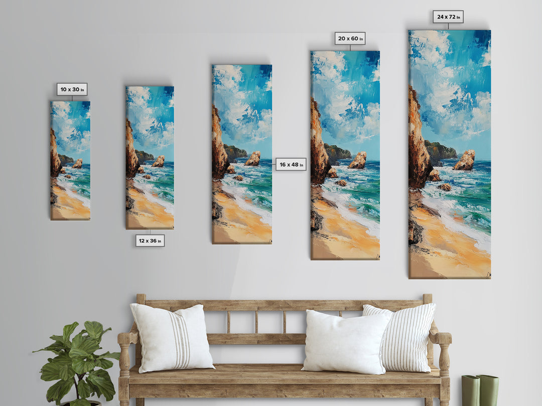 Coastal Beach, Ocean Waves, Rocky Shore, Framed Canvas Print, coastal decor, nautical wall art, seascape painting, rustic art
