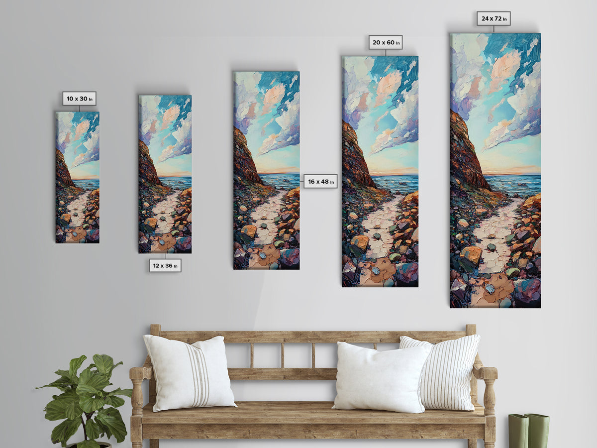 Rocky Coastline, Ocean Waves, Beach Path, Framed Canvas Print, coastal landscape art, farmhouse art, rustic décor