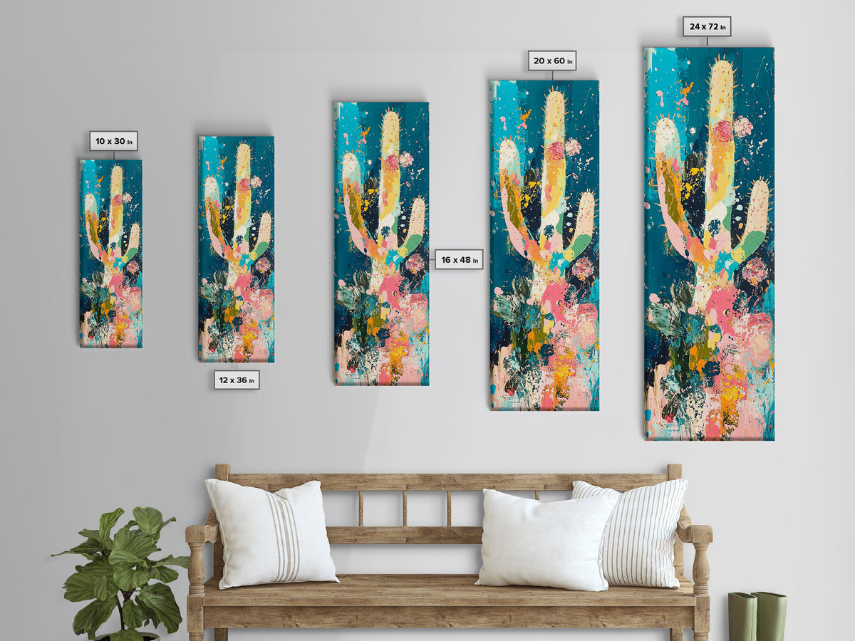 Colorful cactus, southwest wall art, agave painting, botanical prints, framed canvas print, tall narrow art, vertical wall art