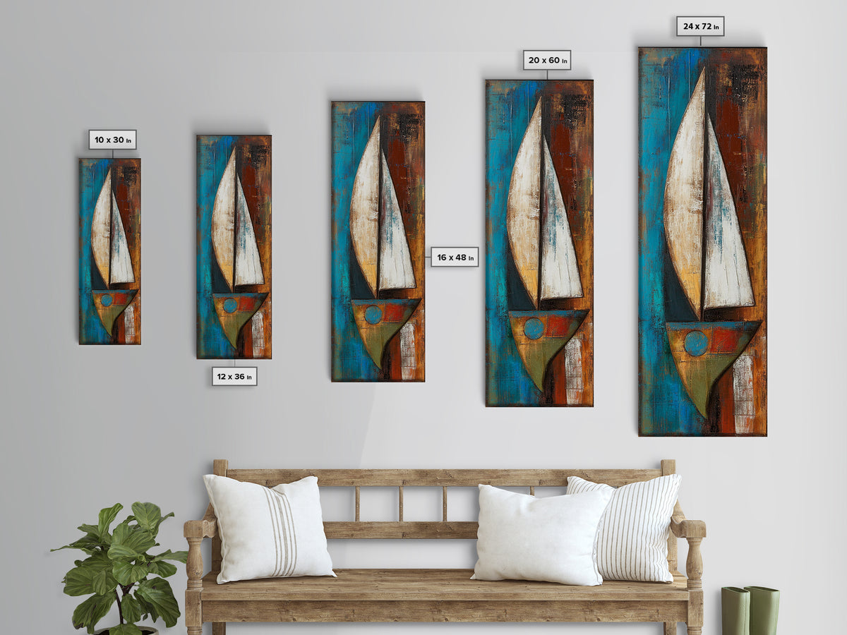 Abstract sailboat, nautical painting, long narrow wall art, framed canvas print, rustic art, extra wide art, blue and green wall art