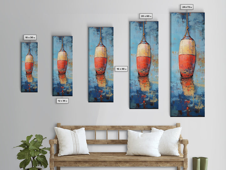 Nautical buoy, coastal wall art, nautical painting, rustic decor, fisherman painting, tall narrow art, framed canvas print