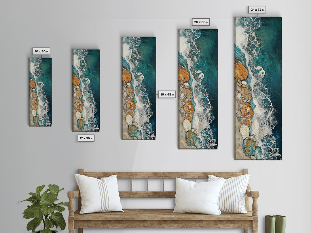 Rocky Shore, coastal painting, ocean wall art, seascape painting, extra wide art, boho art, wabi sabi art, Canvas Print