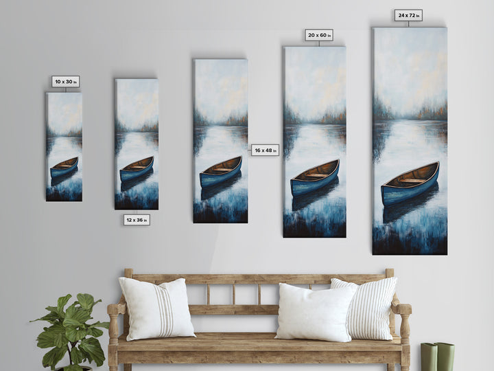 Blue Canoe on Lake, lake Tahoe art, nautical wall art, rustic decor, farmhouse art, framed canvas print, above sofa art