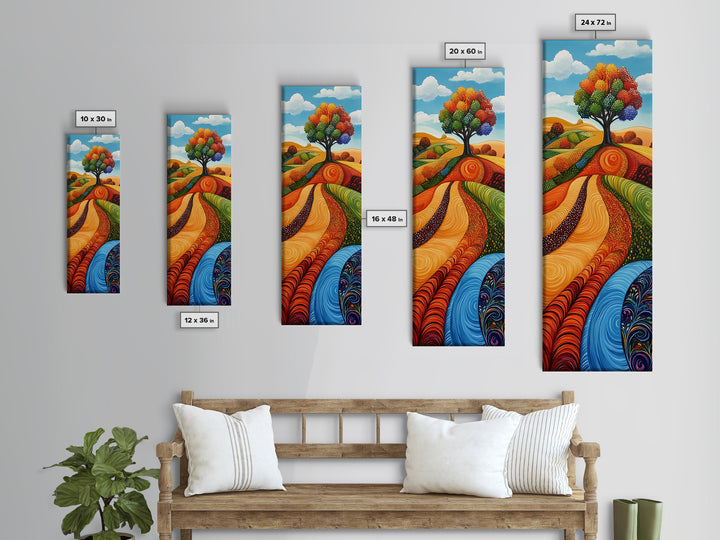 Colorful Fields, folk art, Russian folk art, pink orange wall art, bright and bold, framed canvas print, extra wide art