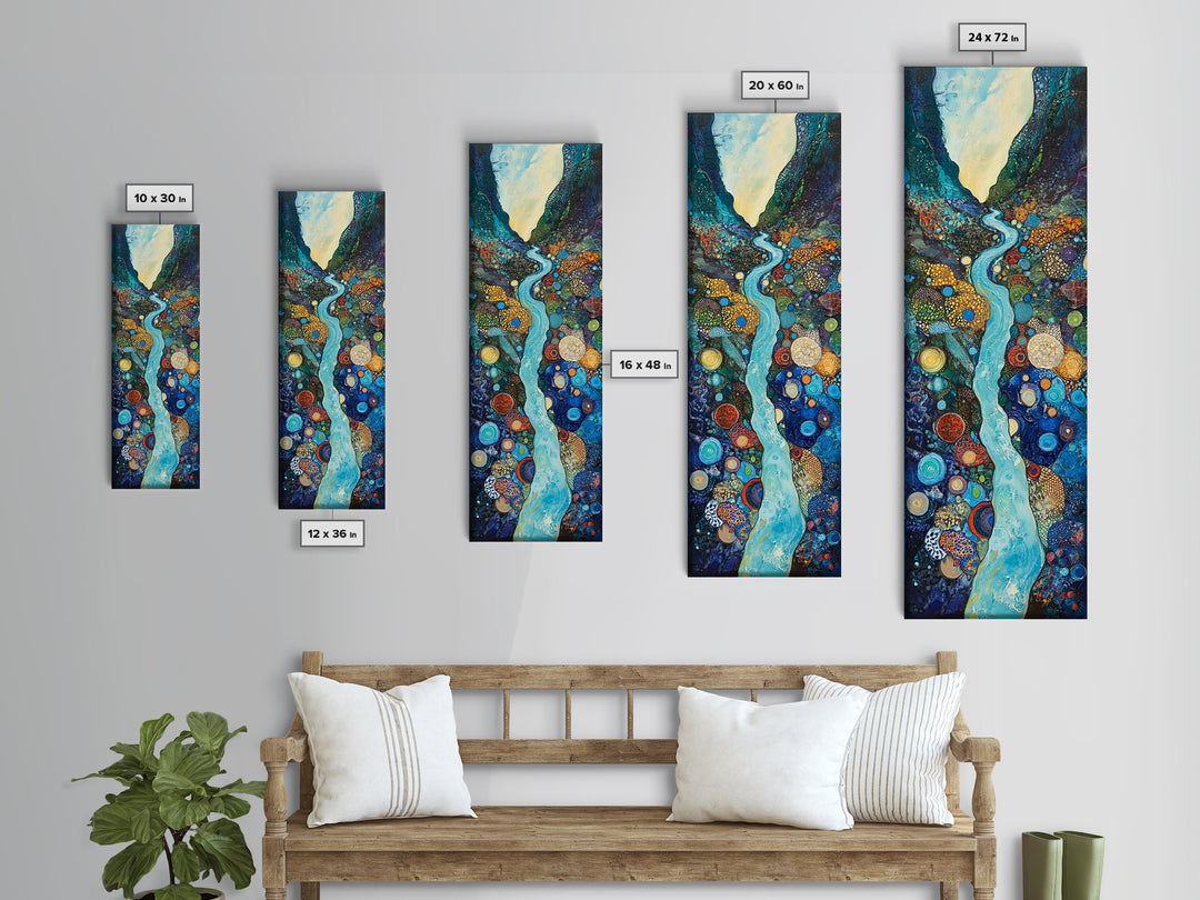 Abstract River, mosaic wall art, blue and green wall art, geometric wall art, whimsical art, framed canvas print, tall narrow art