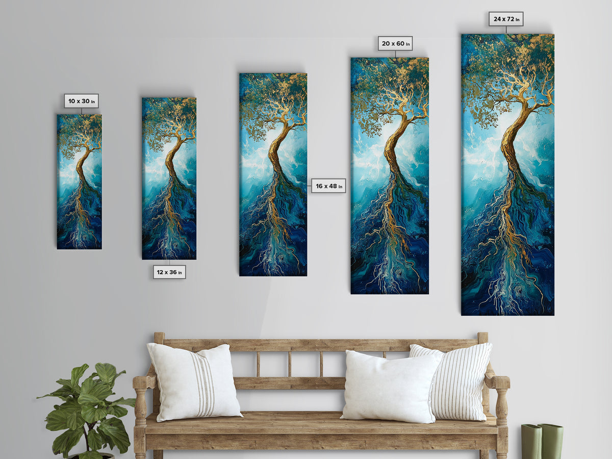 Rooted Tree, oak tree art, blue and green wall art, sacred geometry wall art, mystical art, framed canvas print, vertical wall art