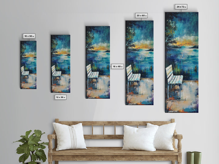 Lakeside Bench, moody art, landscape painting, coastal wall art, rustic decor, farmhouse art, framed canvas print, vertical wall art