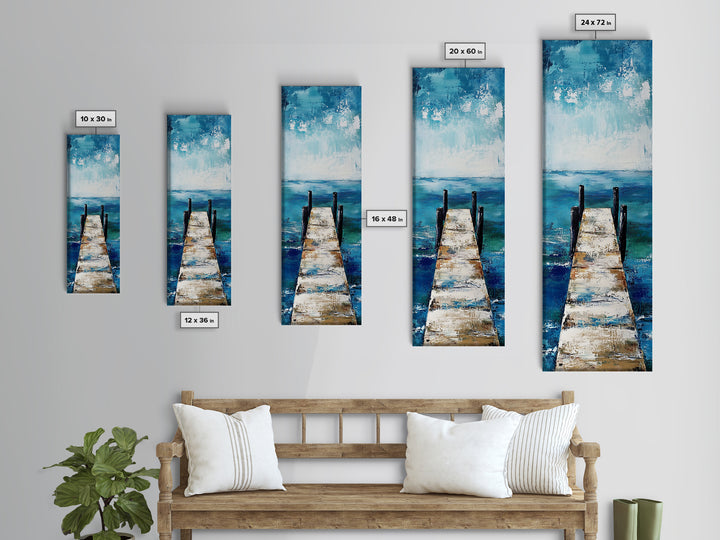 Dock on Water, Coastal Landscape Art, Nautical Wall Art, Seascape Painting, Rustic Decor, Tall Narrow Art, Canvas Print