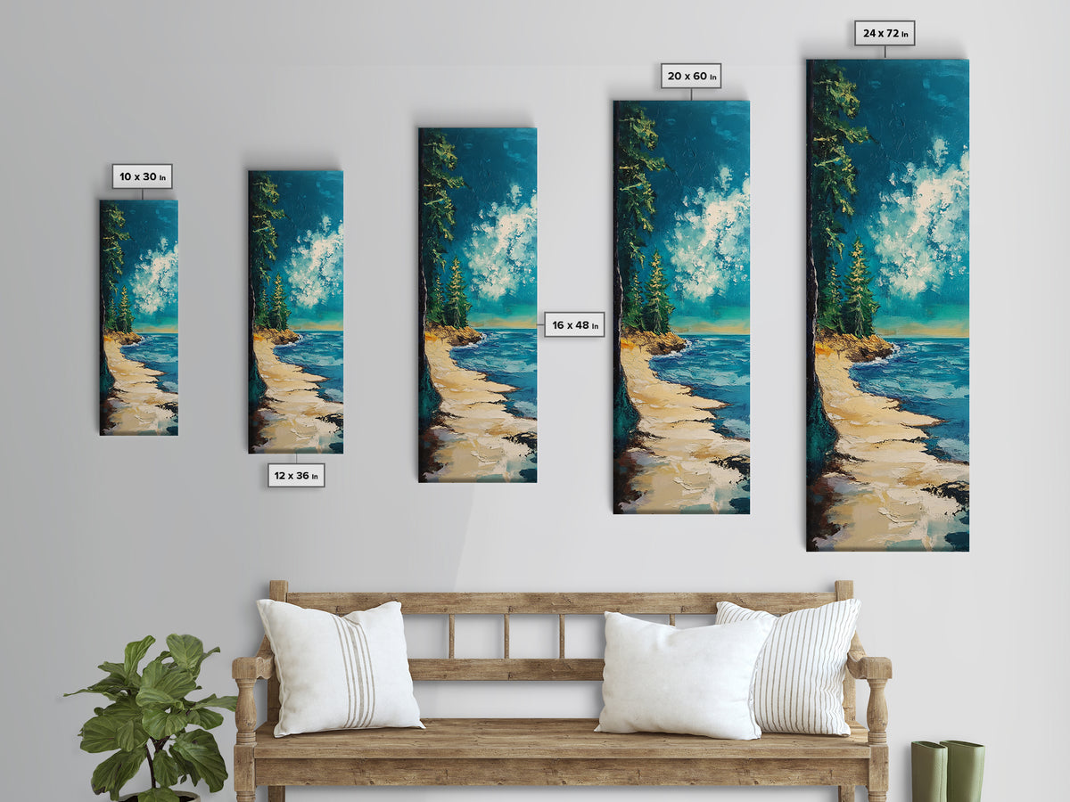 Pine Trees by the Lake, lake Tahoe art, coastal landscape art, pine tree art, nature lover gift, framed canvas print, vertical wall art