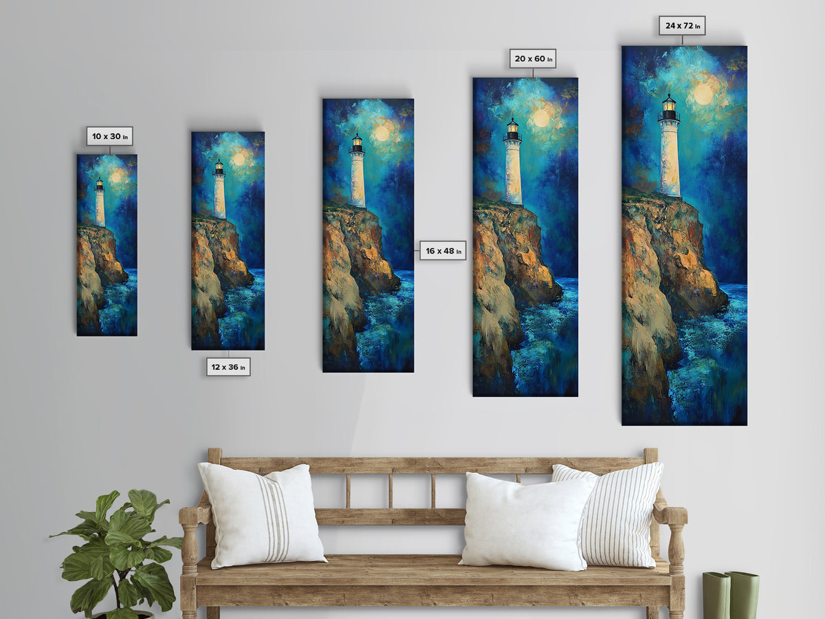 Lighthouse Painting, Moon Oil Painting, Nautical Decor, Coastal Wall Art, Seascape Painting, Canvas Print, Tall Narrow Art, Gift Idea