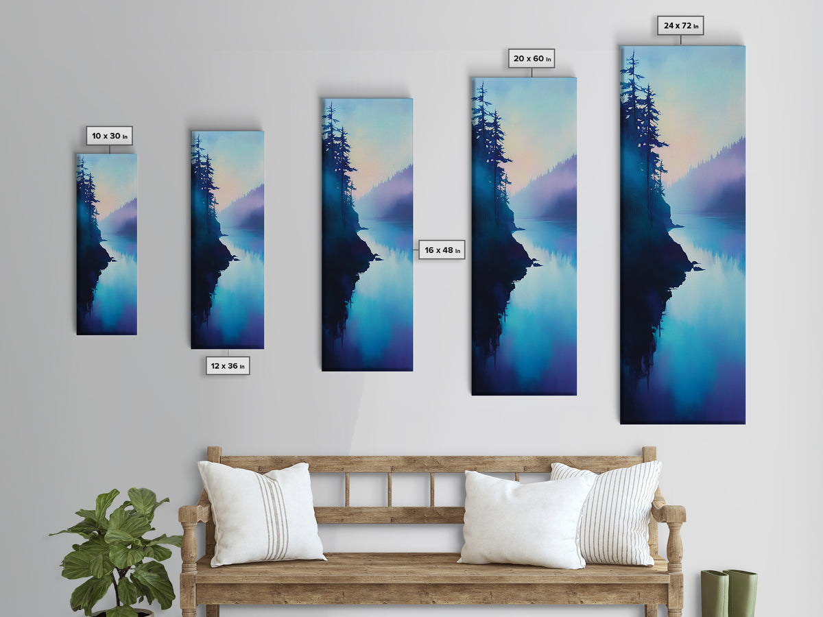 Misty Lake, forest at dusk painting, blue and green wall art, moody art, vertical wall art, pine tree art, framed canvas print