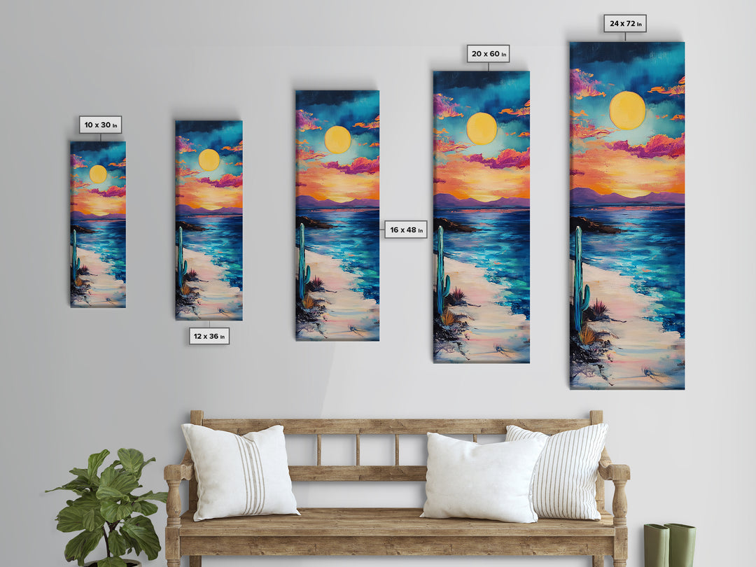 Desert Sunset, cactus painting, southwest wall art, coastal landscape art, framed canvas print, panoramic art