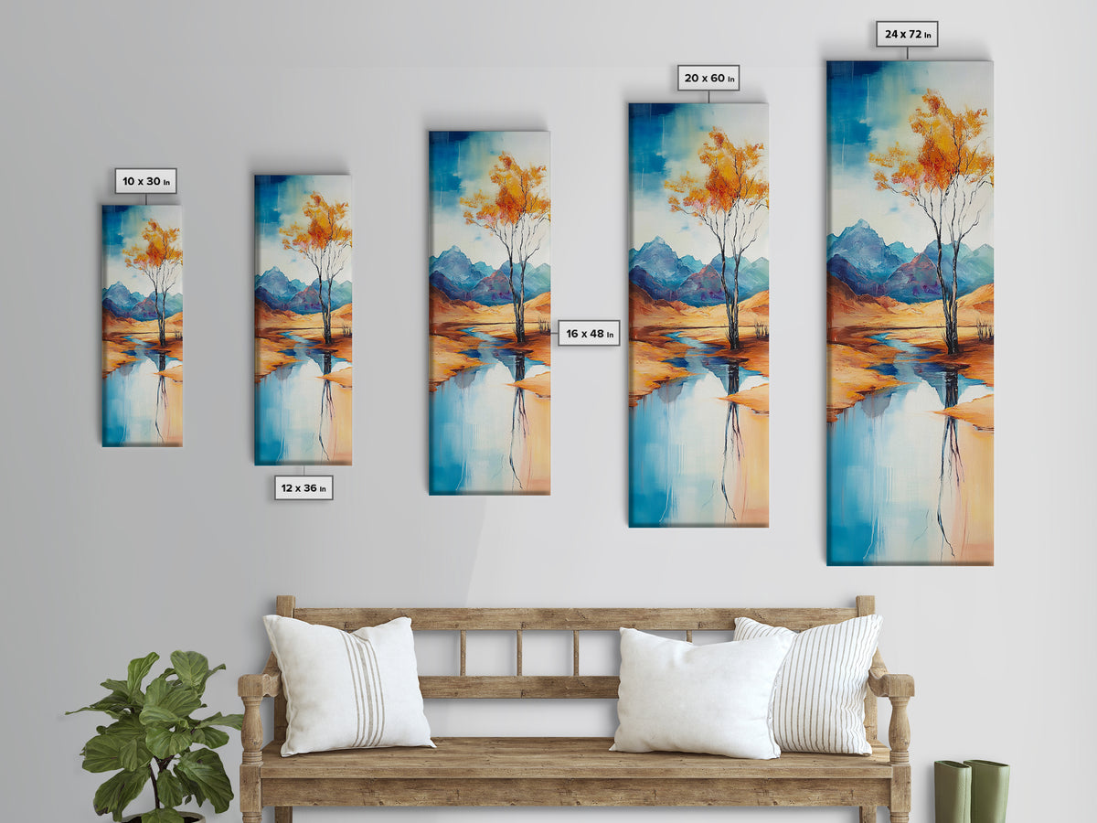 Autumn Reflections, landscape painting, birch tree art, above bed wall art, rustic wall art, framed canvas print, tall narrow art