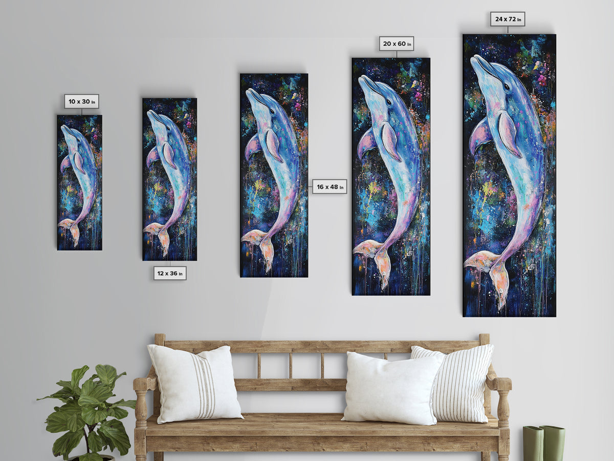 Cosmic dolphin, dolphin painting, ocean wall art, nautical painting, whimsical art, blue and green wall art, framed canvas print