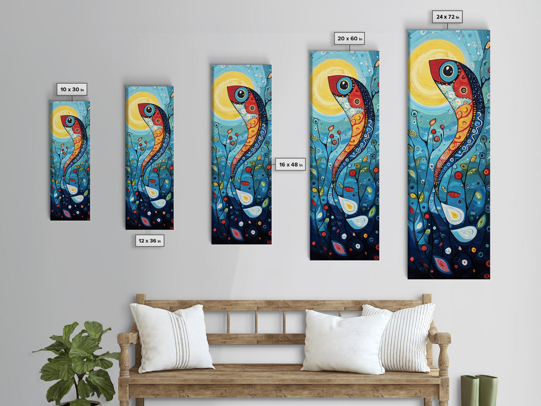 Koi Fish Fantasy, koi fish painting, whimsical art, framed canvas print, vibrant wall art, long narrow wall art,  tall skinny art
