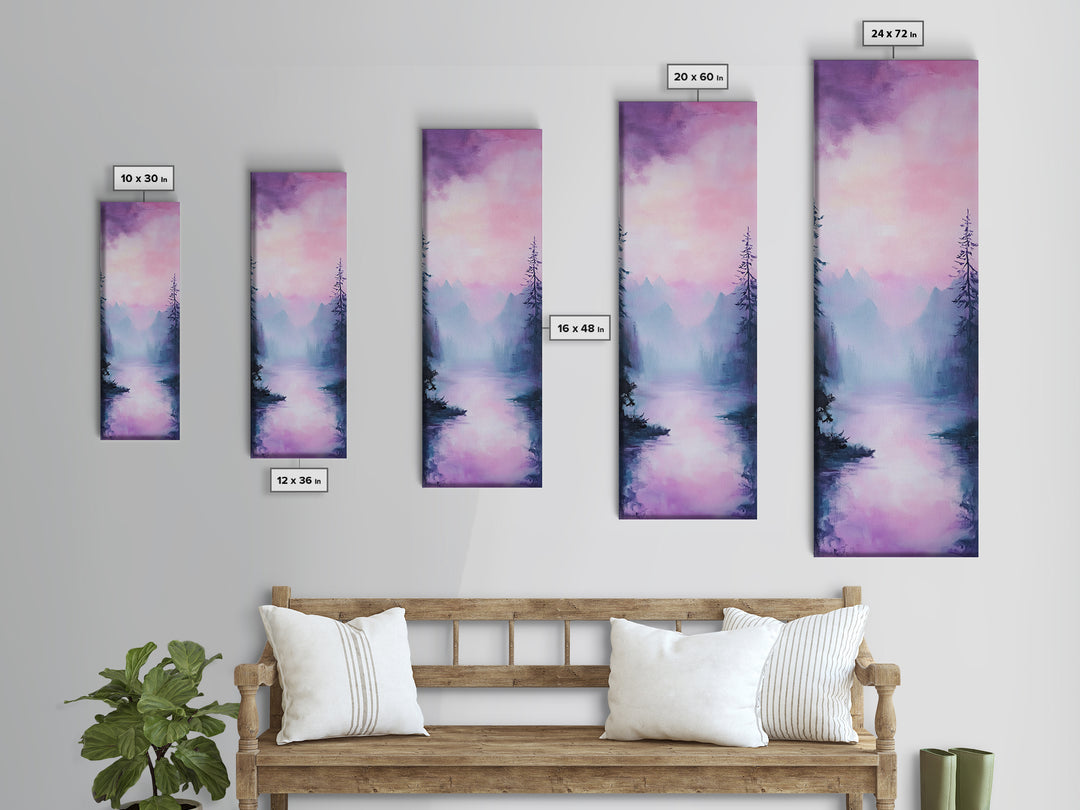 Misty Mountains, smoky mountain art, light pink wall art, framed canvas print, soft pastel art, pine tree art, above couch art