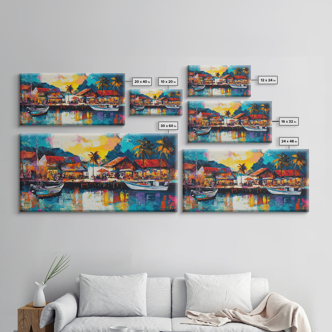 Coastal Village Painting, Nautical Wall Art, Tropical Landscape Art, Vibrant Art, Beach House Decor, Extra Wide Art, Canvas Print