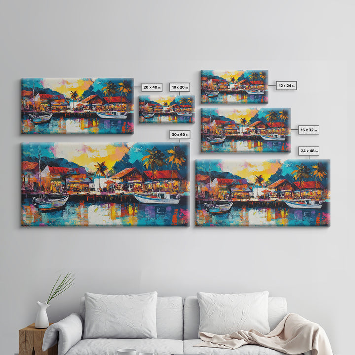 Coastal Village Painting, Nautical Wall Art, Tropical Landscape Art, Vibrant Art, Beach House Decor, Extra Wide Art, Canvas Print