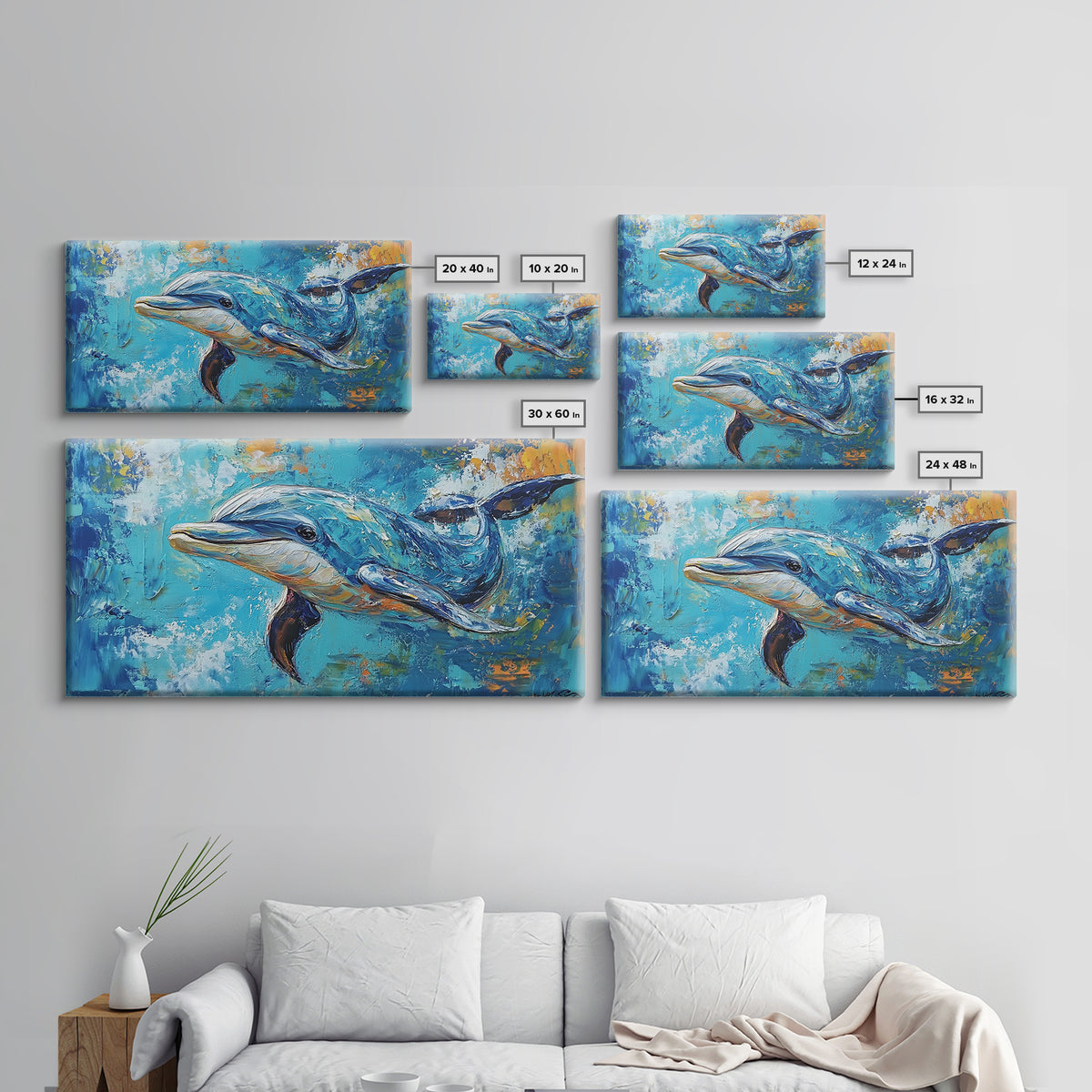 Dolphin Painting, Whale Painting, Blue and Green Wall Art, Nautical Wall Art, Gift Idea for Her, Ocean Art, Canvas Print, Coastal Decor