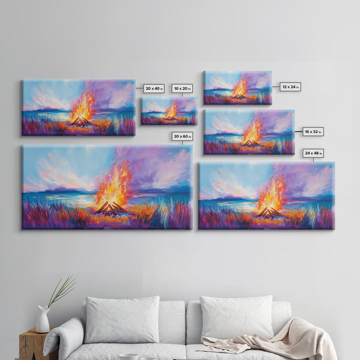 Bonfire at Sunset, Coastal Wall Art, Pink Orange Wall Art, Extra Wide Art, Horizontal Wall Art, Framed Canvas Print, Moody Art