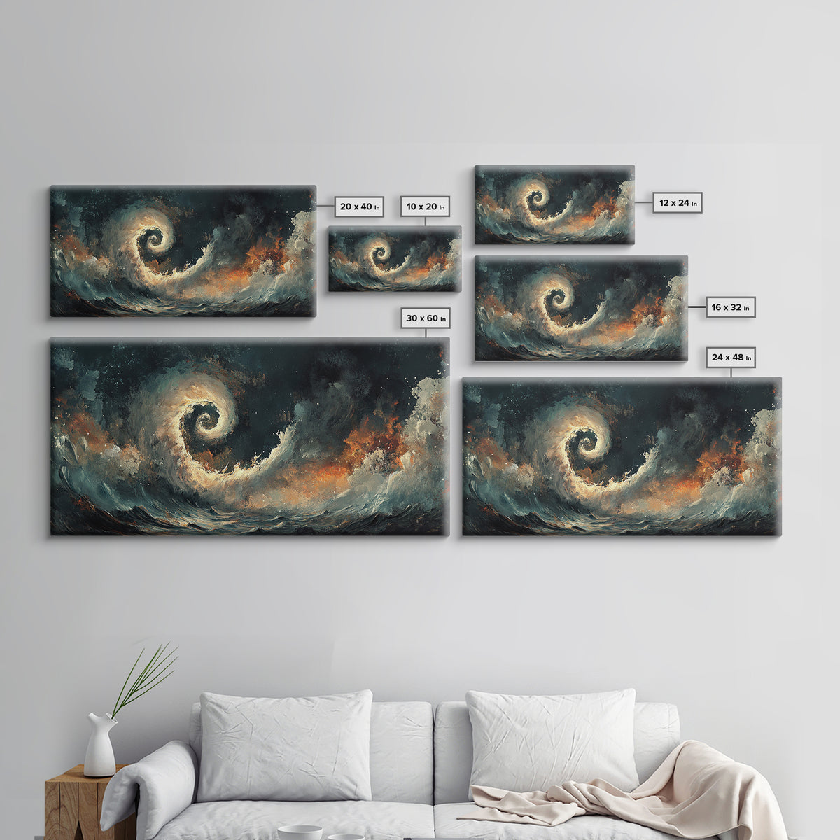 Ocean Storm, moody art, seascape painting, nautical wall art, Ozymandias art, extra wide art, dramatic waves, Framed Canvas Print