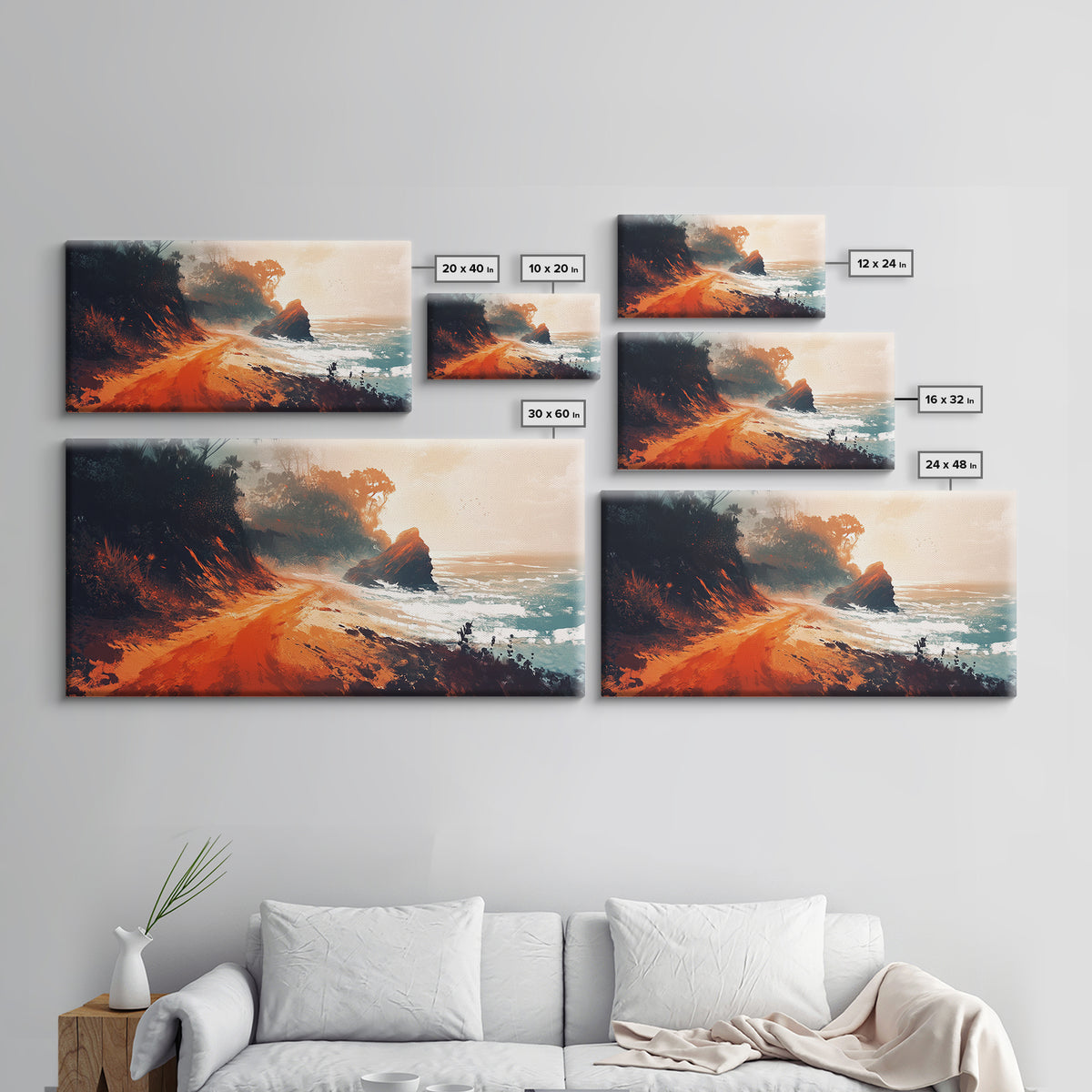 Coastal Road, southwest wall art, rustic decor, coastal landscape art, boho art, panoramic painting, gift idea for him, Canvas Print