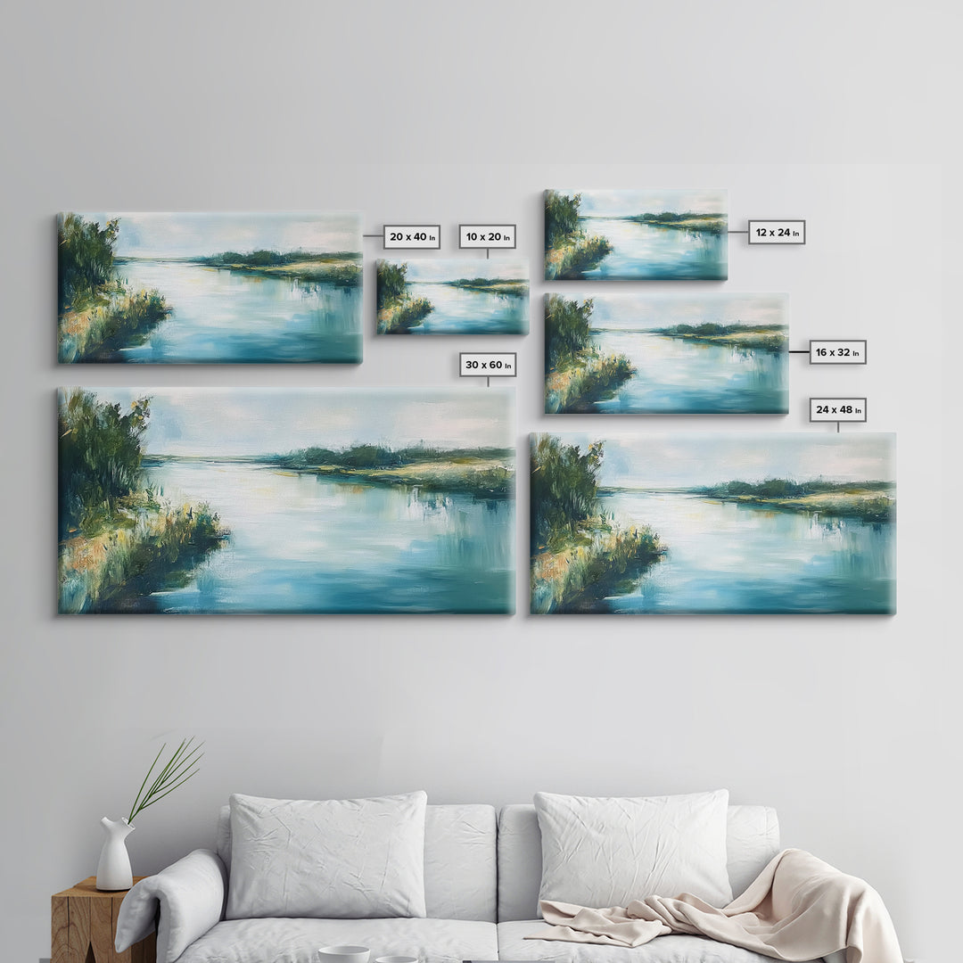 River Reflection, landscape painting, rustic wall art, sage green wall art, farmhouse art, coastal art, extra wide art, Canvas Print
