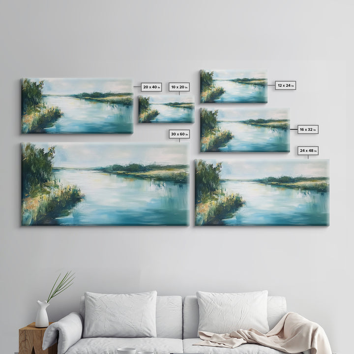 River Reflection, landscape painting, rustic wall art, sage green wall art, farmhouse art, coastal art, extra wide art, Canvas Print